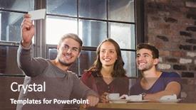  Presentation with coffee shop - Cool new PPT theme with smiling friends having coffee and taking selfies at coffee shop backdrop and a tawny brown colored foreground
