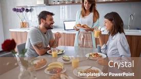  Presentation with togetherness - Presentation theme featuring smiling-friends-in-pajamas-breakfast background and a coral colored foreground