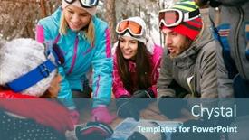  Presentation with snow day - Theme having smiling friends looking at map and talking in the snow on a cold winter day background and a ocean colored foreground