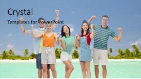  Presentation with fist pump - Cool new PPT theme with smiling friends making fist pump backdrop and a  colored foreground