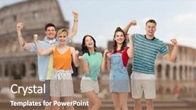  Presentation with fist pump - Colorful PPT theme enhanced with smiling friends making fist pump backdrop and a  colored foreground