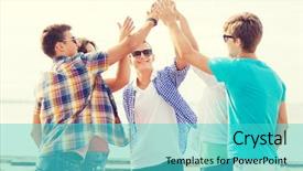  Presentation with friendship - PPT theme having smiling friends making high five background and a cyan colored foreground