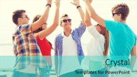  Presentation with team group - PPT layouts having smiling friends making high five background and a cyan colored foreground