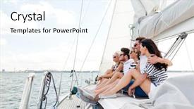  Presentation with travel friends - Presentation having smiling friends sitting on yacht background and a sky blue colored foreground