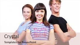  Presentation with happiness - PPT theme consisting of smiling friends standing with cross background and a  colored foreground