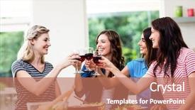  Presentation with toasting - Theme featuring smiling friends toasting red wine glasses at table background and a coral colored foreground