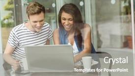  Presentation with friends - PPT theme featuring smiling friends with chocolate cake using laptop in cafe at the university background and a gray colored foreground