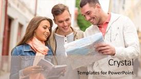  Presentation with travel friends - PPT theme having smiling friends with city guide background and a mint green colored foreground