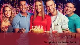  Presentation with birthday party - Cool new slide set with smiling friends with cocktails and birthday cake looking at camera at party backdrop and a tawny brown colored foreground