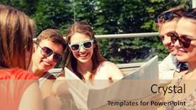  Presentation with tour - PPT layouts having smiling friends with map background and a coral colored foreground