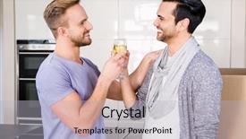  Presentation with toasting - Slides featuring smiling gay couple toasting with champagne while unpacking cardboard background and a light gray colored foreground