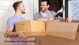  Presentation with gay - Presentation theme having smiling gay couple unpacking cardboard background and a coral colored foreground
