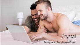  Presentation with gay - Theme enhanced with smiling gay couple using laptop on bed background and a coral colored foreground