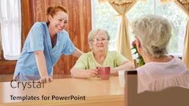  Presentation with geriatric - Presentation design enhanced with smiling-geriatric-nurse-and-seniors background and a coral colored foreground
