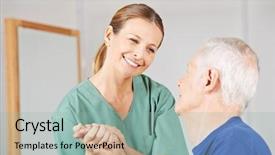  Presentation with geriatric - Colorful slide deck enhanced with smiling geriatric nurse holding hands backdrop and a mint green colored foreground