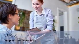 Presentation with waitress - Colorful presentation theme enhanced with smiling ginger-head waitress serving one of clients of cafe backdrop and a light blue colored foreground