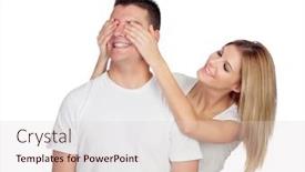  Presentation with eyes - Theme enhanced with smiling girl covering his boyfriend's eyes to surprise him isolated on a white background background and a lemonade colored foreground