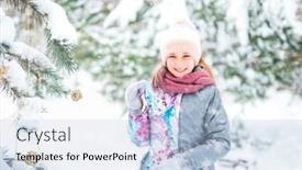  Presentation with christmas girl - Slide set featuring smiling-girl-decorating-christmas-tree background and a light blue colored foreground