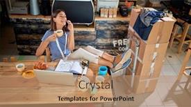  Presentation with mobile use - Presentation theme with smiling-girl-drink-coffee background and a coral colored foreground