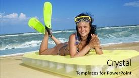  Presentation with mattress - Amazing presentation theme having smiling girl enjoying on an inflatable beach mattress backdrop and a blonde colored foreground