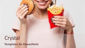  Presentation with burger fries - PPT layouts consisting of smiling girl holding french background and a lemonade colored foreground