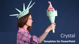  Presentation with liberty - Presentation design having smiling girl in pink shirt in crown holds and looks at torch - statue of liberty background and a ocean colored foreground