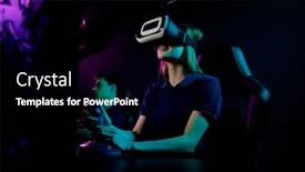  Presentation with video game - Amazing PPT theme having smiling-girl-in-virtual-reality backdrop and a black colored foreground