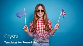  Presentation with european union - Cool new theme with smiling-girl-keeping-european-union backdrop and a ocean colored foreground