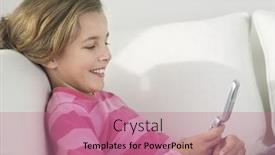  Presentation with cell - Colorful slides enhanced with smiling girl lying on sofa using cell phone side view backdrop and a coral colored foreground