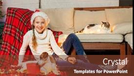  Presentation with merry christmas and new year - Amazing slide deck having smiling-girl-near-christmas-tree backdrop and a tawny brown colored foreground