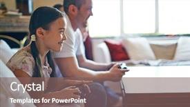  Presentation with video games playing - Slide set having smiling girl playing video games background and a  colored foreground