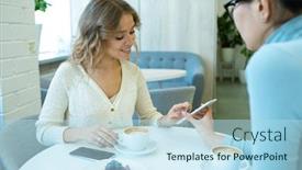  Presentation with scrolling - Audience pleasing PPT theme consisting of smiling-girl-scrolling-in-smartphone backdrop and a light blue colored foreground