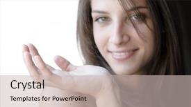  Presentation with hand palm - Audience pleasing PPT theme consisting of smiling girl showing something on the palm of hand backdrop and a soft green colored foreground