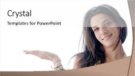  Presentation with hand palm - PPT layouts consisting of smiling-girl-showing-something background and a white colored foreground