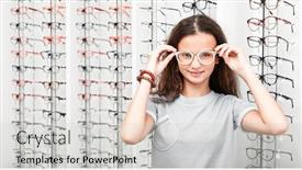  Presentation with optometrist - Slides with smiling-girl-trying-on-white background and a light gray colored foreground