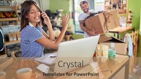  Presentation with mobile use - Slide deck enhanced with smiling-girl-use-mobile-phone background and a coral colored foreground