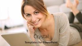  Presentation with internet - Slide deck enhanced with smiling-girl-websurfing-on-internet background and a coral colored foreground