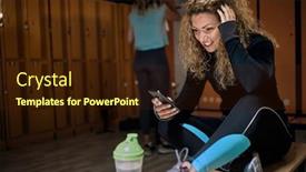  Presentation with locker room - PPT theme having smiling-girl-with-a-mobile background and a wine colored foreground