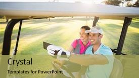  Presentation with smiling paramedic sitting in ambulance - PPT layouts with smiling golfer couple taking selfie background and a yellow colored foreground