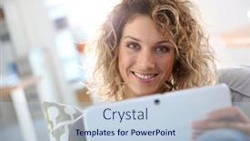  Presentation with tablet - Presentation theme consisting of smiling-gorgeous-woman-websurfing background and a lemonade colored foreground