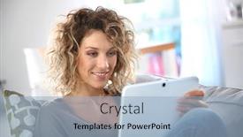 Presentation with tablet - PPT layouts with smiling-gorgeous-woman-websurfing background and a light blue colored foreground