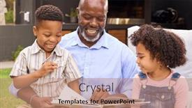  Presentation with grandfather - Presentation design featuring smiling-grandfather-reading-book background and a coral colored foreground