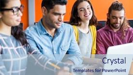  Presentation with graphic - PPT layouts featuring smiling graphic designers discussing over laptop in meeting at office background and a light blue colored foreground