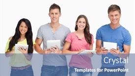  Presentation with tablets - PPT theme having smiling group looking at the camera and holding tablets in their hands background and a ocean colored foreground