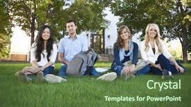  Presentation with students - Theme featuring smiling group of attractive students background and a tawny brown colored foreground