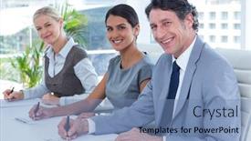  Presentation with taking notes - Presentation with smiling-group-of-business-people background and a teal colored foreground