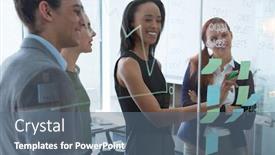  Presentation with sticky notes - Slide set consisting of smiling-group-of-executives-discussing background and a ocean colored foreground