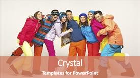  Presentation with snowboard - PPT layouts featuring smiling group of friends wearing snowboard costumes background and a coral colored foreground