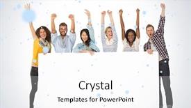  Presentation with falling snow - Theme enhanced with smiling group of young friends showing large poster and cheering against snow falling background and a white colored foreground