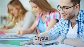  Presentation with task - Presentation theme with smiling guy and his groupmates on background carrying out written task at lesson background and a light blue colored foreground